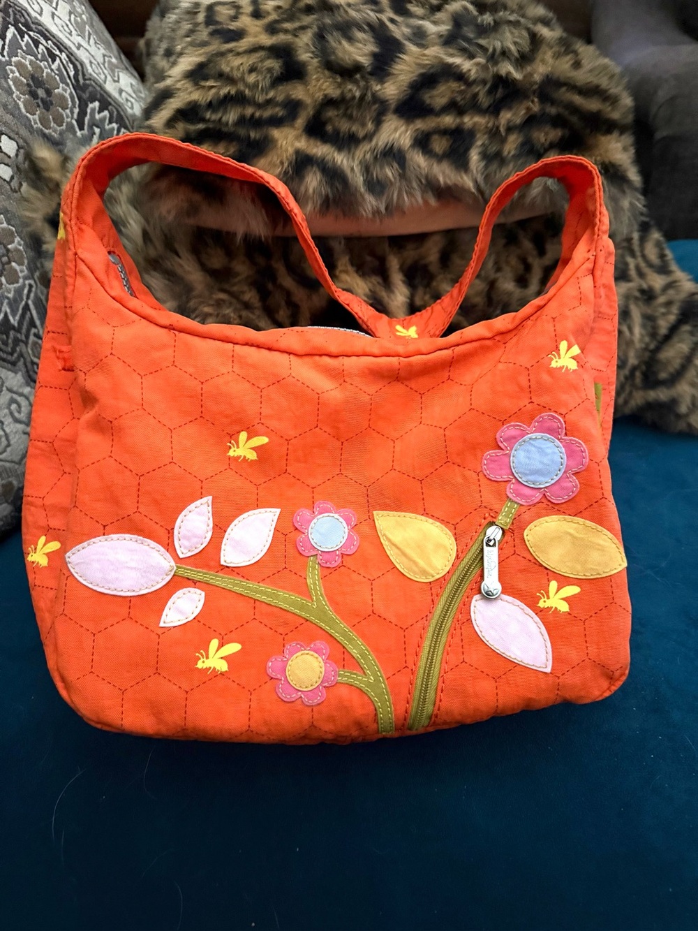 Vintage Kipling "If" Collection Orange
Embroidered Flower Hobo Bag.  RARE